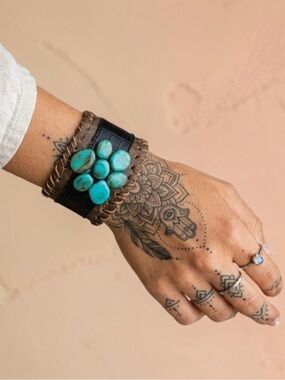 Handcrafted Bohemian Turquoise Cluster Leather Cuff Bracelet
